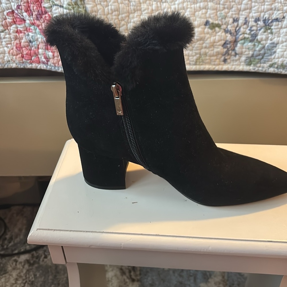 Marc Fisher black bootie with fur trim. Size 6.5, 2” heel.  Worn ONCE!